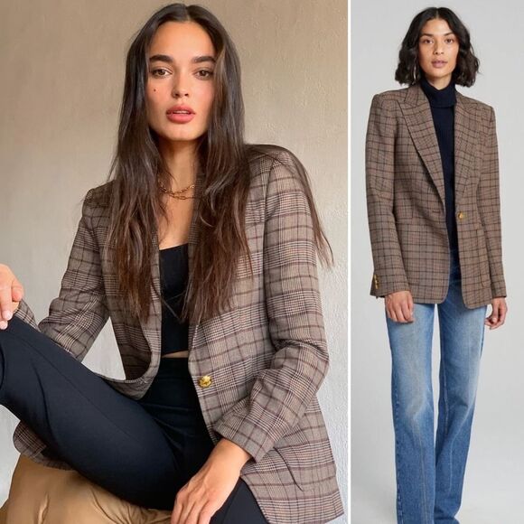 A.L.C Hicks Blazer Brown Bordeaux Blue Gold Plaid One-Button Size 14 - Picture 1 of 14